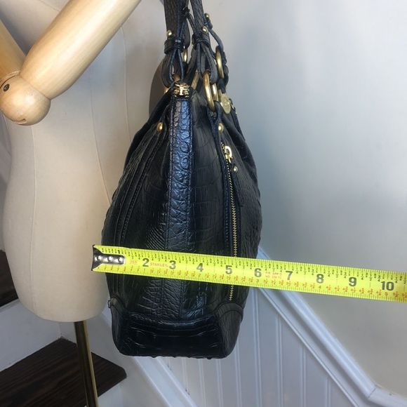 BRAHMIN Black Selma Croc Embossed Leather Pleated Shoulder Tote Bag Top Zipper - Picture 14 of 17